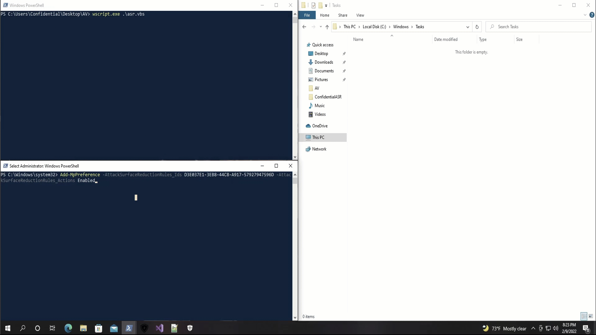 Windows lab showing the ASR rule enabled in PowerShell and a VBScript test being launched